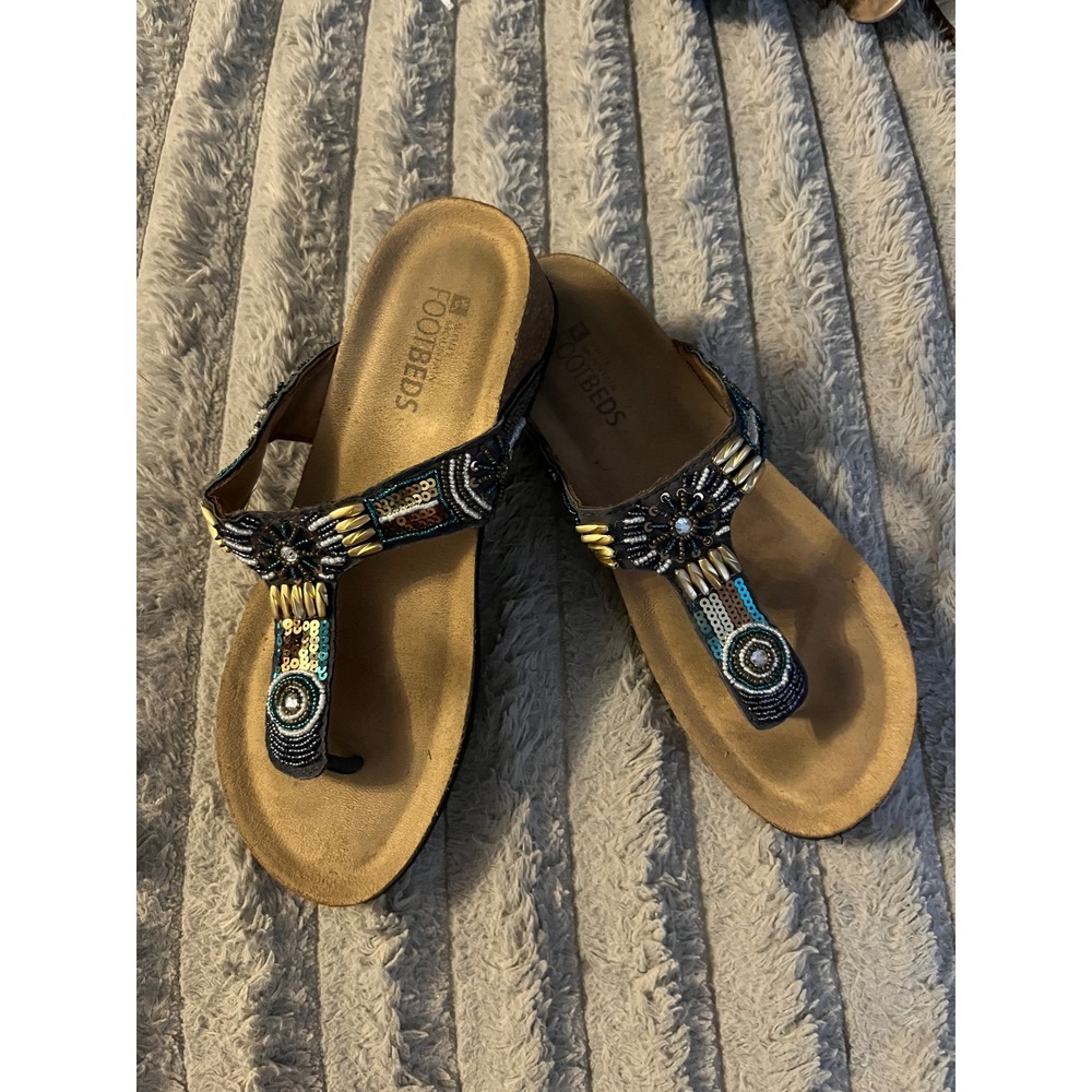 White Mountain Footbeds Brilliant Beaded Thong Sandals Brown Teal Gold 11M